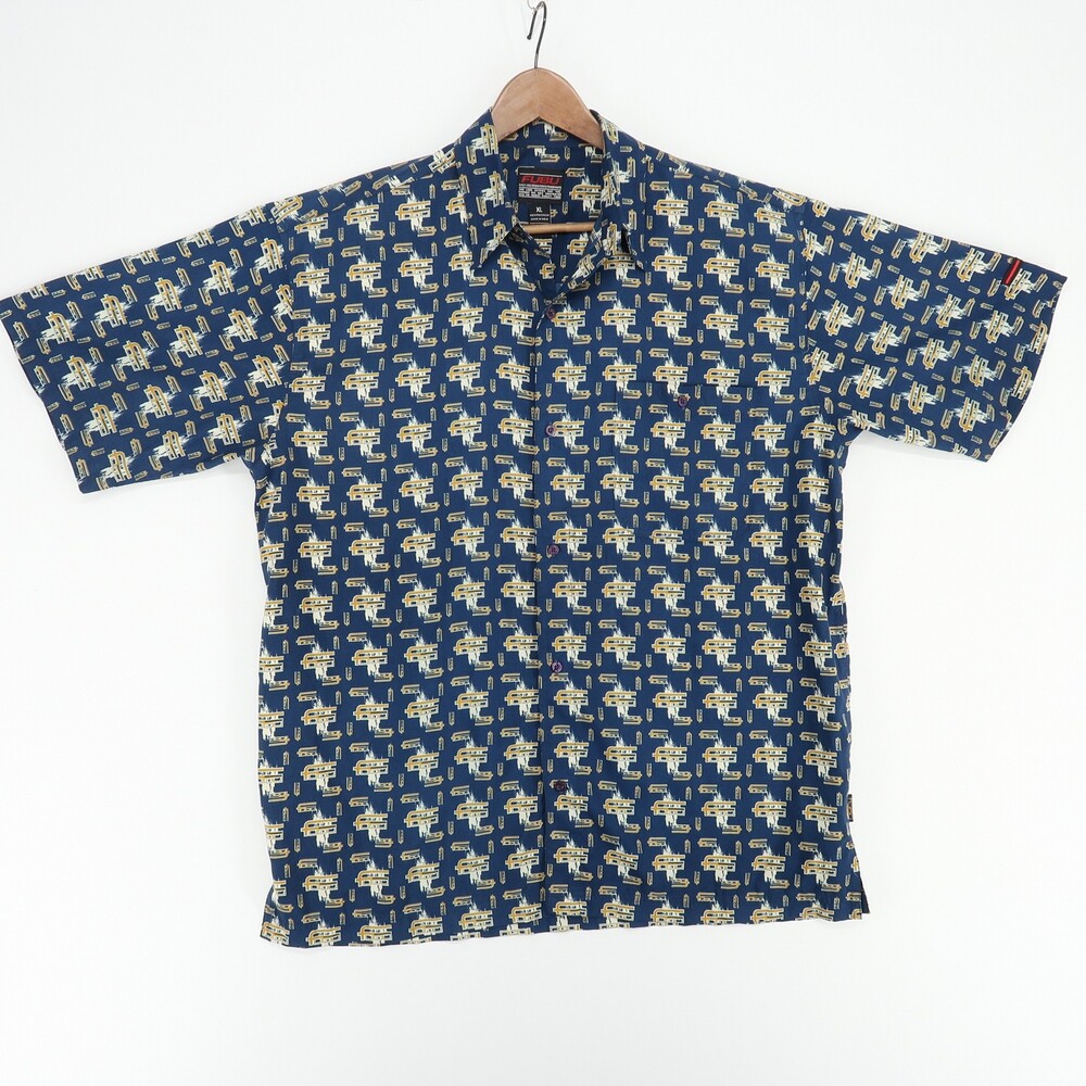 FUBU Shirt Mens XL Blue Yellow All Over Logo Print Button Up Short Sleeve Retro‎